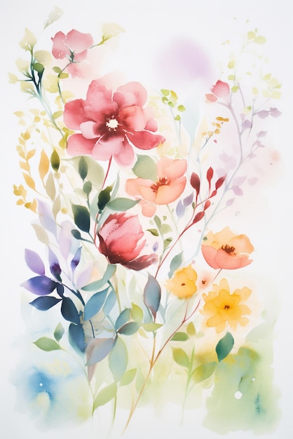 Akwarela przedstawiająca kwiaty ze słowem wiosna.