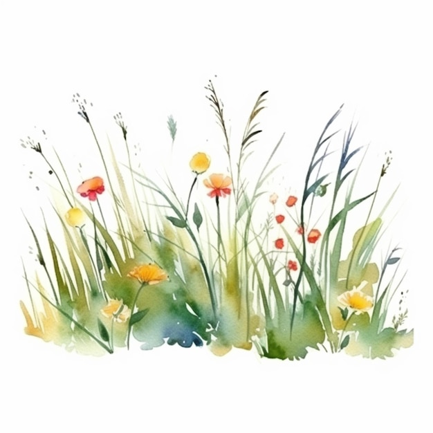 Akwarela przedstawiająca łąkę z kwiatami i trawą.