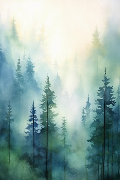 Akwarela przedstawiająca las z błękitnym niebem i słońcem prześwitującym przez drzewa.