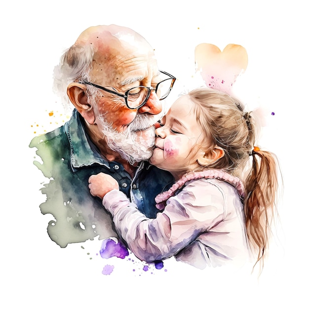 Zdjęcie akwarela przedstawiająca małą dziewczynkę przytulającą mężczyznę