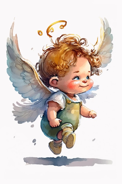 Zdjęcie akwarela przedstawiająca małego aniołka ze skrzydłami