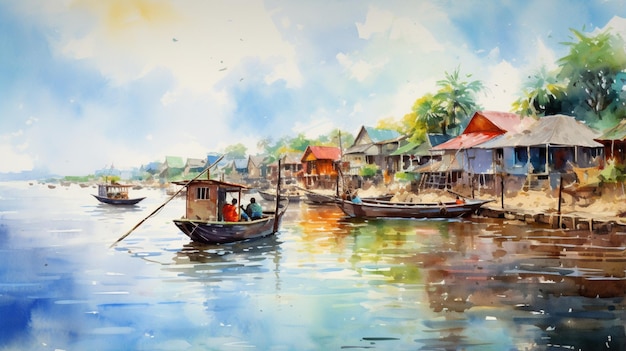 Akwarela przedstawiająca malowniczą rzekę Mekong, obraz tapety Sztuka wygenerowana przez AI