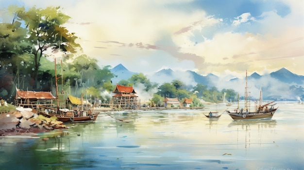 Akwarela przedstawiająca malowniczą tapetę rzeki Mekong, sztukę generowaną przez sztuczną inteligencję