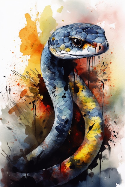 Akwarela przedstawiająca niebieskiego węża z żółtym wężem na szyi.