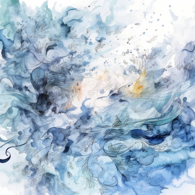 Akwarela przedstawiająca niebiesko-białe abstrakcyjne tło z ptakiem latającym na niebie.