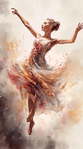 Akwarela przedstawiająca nieznaną baletnicę w kremowej sukience Obraz wygenerowany przez AI