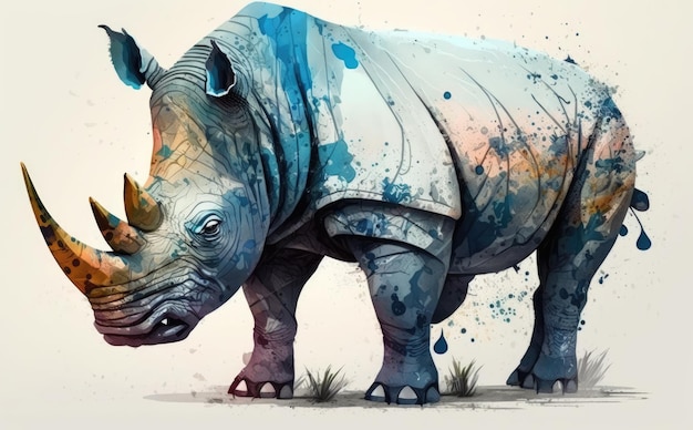 Akwarela przedstawiająca nosorożca. akwarele ilustracje dla dzieci w stylu kreskówek wygenerowane ai