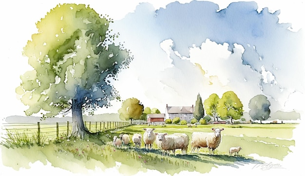 Akwarela przedstawiająca owce na polu z drzewem w tle.