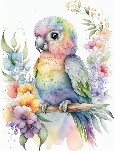 Akwarela przedstawiająca papugę z kwiatami