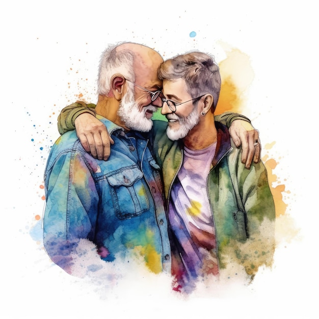 Akwarela przedstawiająca parę LGBT w wieku pięćdziesięciu lat
