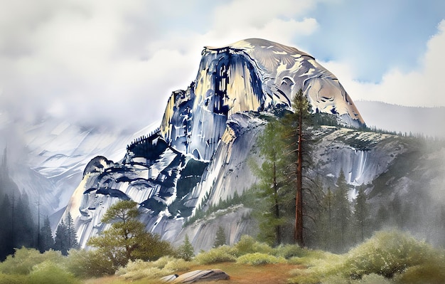 Akwarela przedstawiająca park narodowy z kultowymi punktami orientacyjnymi, takimi jak Old Faithful w Yellowstone czy Half Dome w Yosemite, oraz misterne szczegóły natury i dzikiej przyrody generują ai
