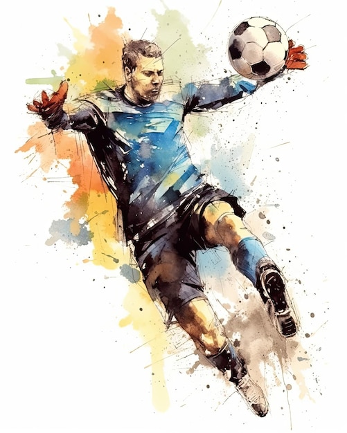 Akwarela przedstawiająca piłkarza kopiącego piłkę.