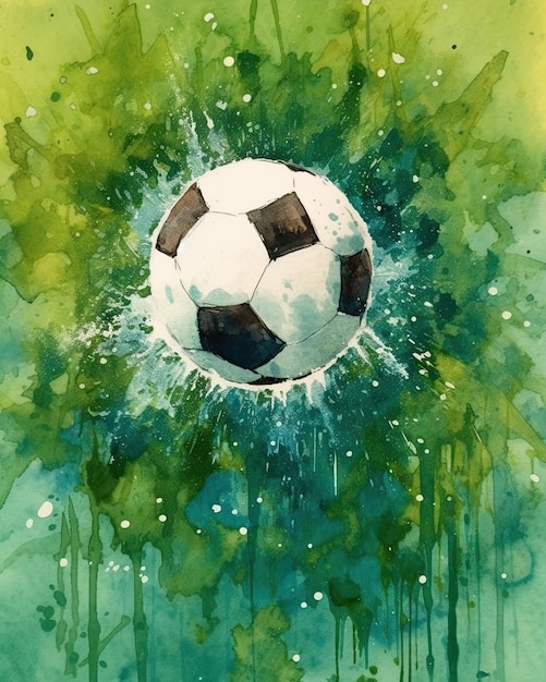 Akwarela przedstawiająca piłkę nożną na zielonym tle.