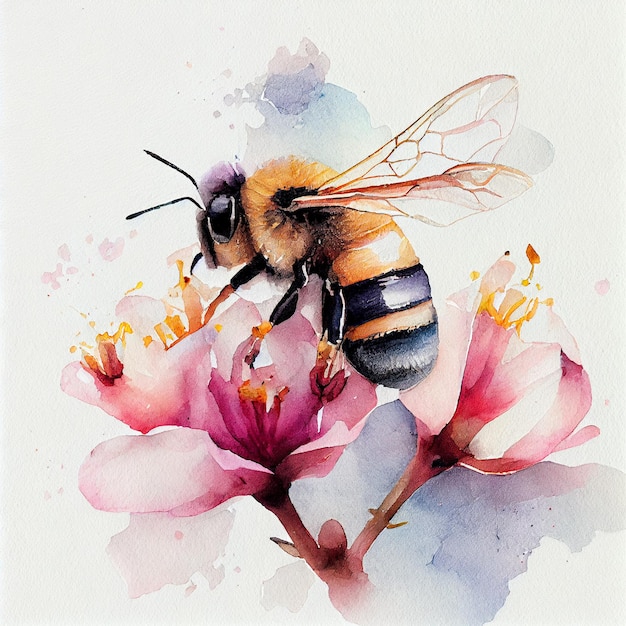 Akwarela przedstawiająca pszczołę i kwiaty