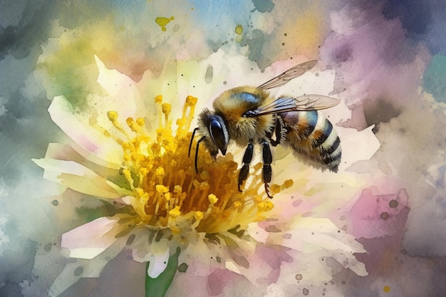 Akwarela przedstawiająca pszczołę na kwiatku