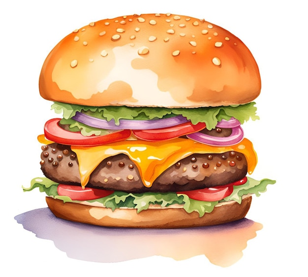 Zdjęcie akwarela przedstawiająca pysznego hamburgera