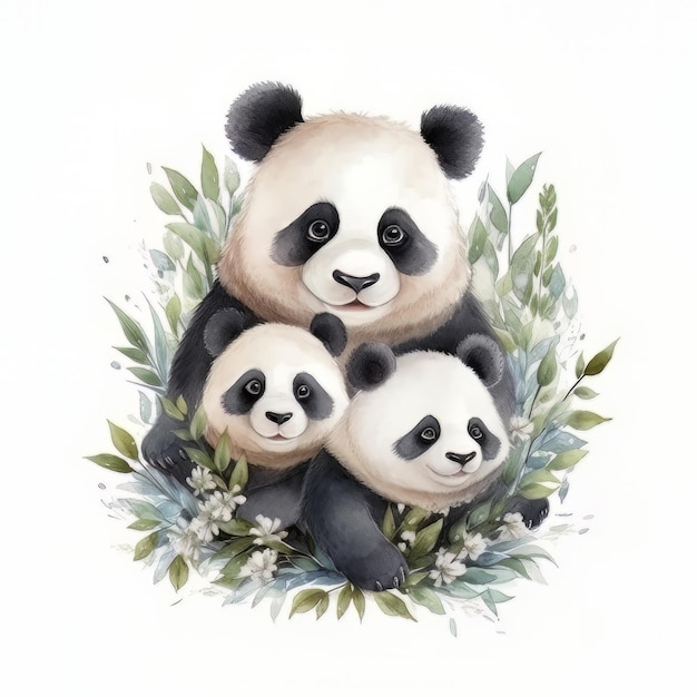Akwarela przedstawiająca rodzinę pand