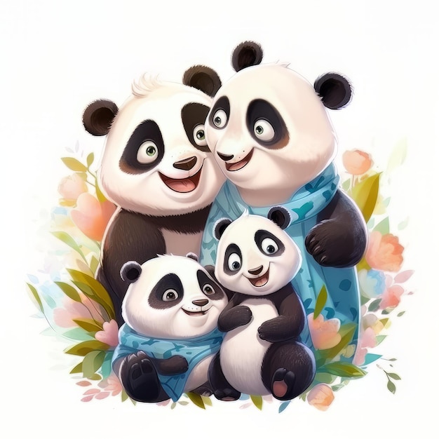 Akwarela przedstawiająca rodzinę pand.