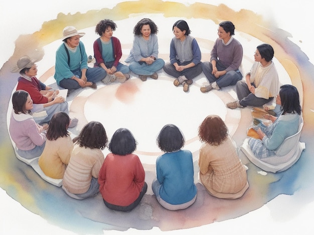 Zdjęcie akwarela przedstawiająca różnorodną grupę ludzi siedzących w kręgu