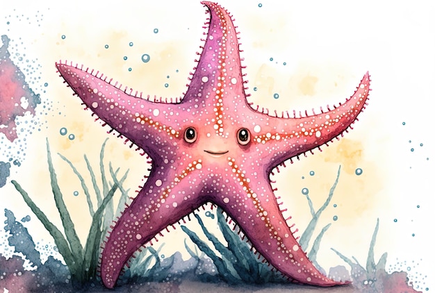 Akwarela przedstawiająca różową rozgwiazdę, bezkręgowca morskiego żyjącego na dnie morskim