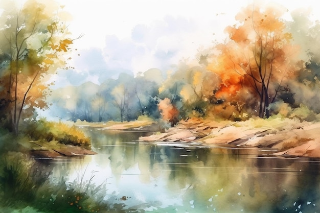 Akwarela przedstawiająca rzekę jesienią.