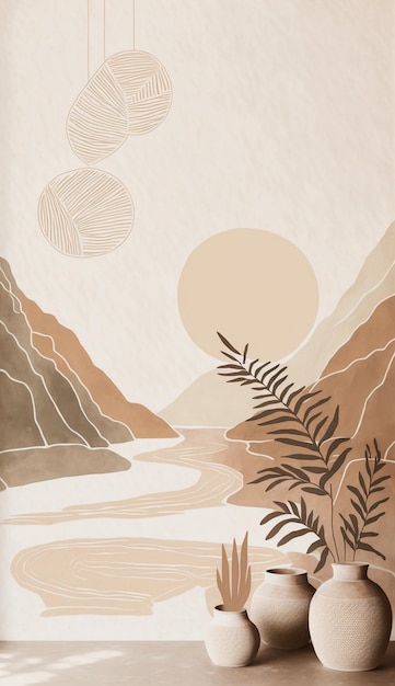 Akwarela przedstawiająca rzekę z górami i słońcem w tle.