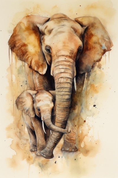 Akwarela przedstawiająca słonia z małym słoniątkiem.