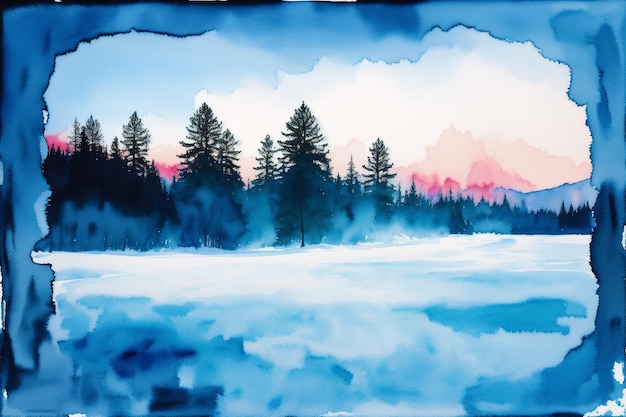 Akwarela przedstawiająca śnieżny krajobraz z błękitnym niebem i drzewami na pierwszym planie.