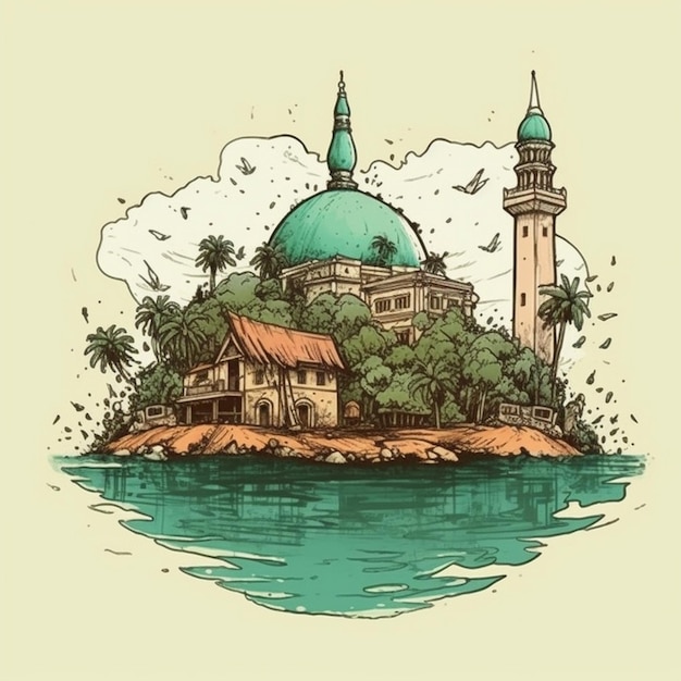 Akwarela przedstawiająca specjalny meczet