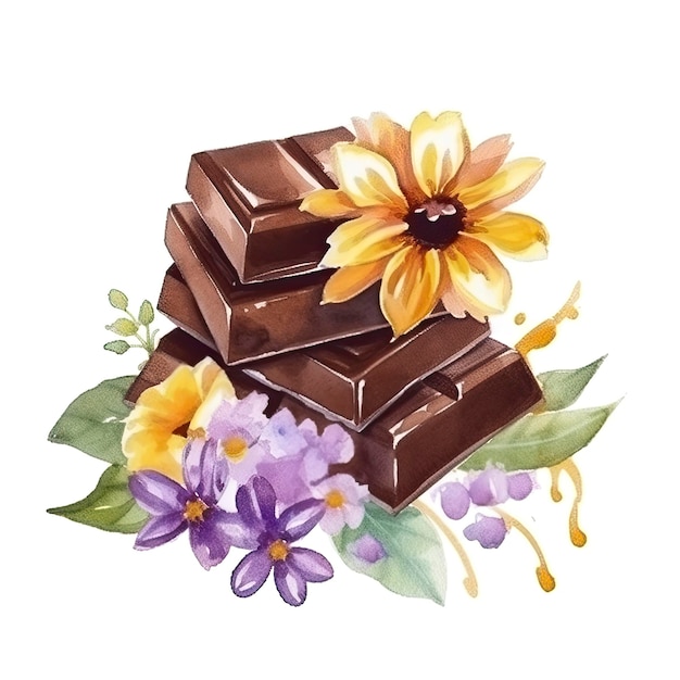 Akwarela przedstawiająca tabliczkę czekolady z kwiatami