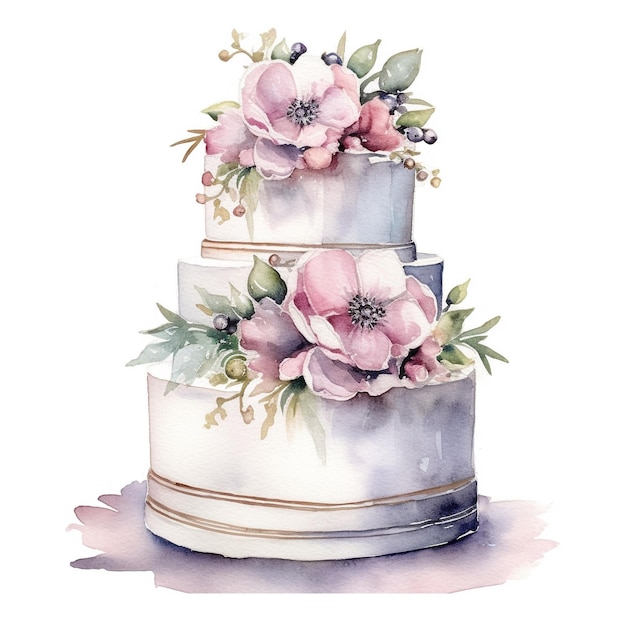 Akwarela przedstawiająca tort z różowymi kwiatami