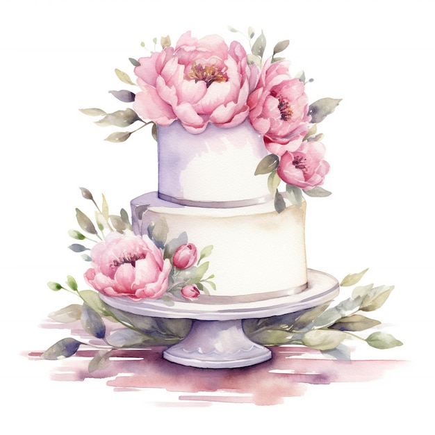 Zdjęcie akwarela przedstawiająca tort z różowymi różami