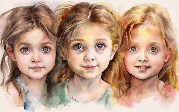 Akwarela przedstawiająca trzy dziewczyny o niebieskich oczach i zielonej koszuli.