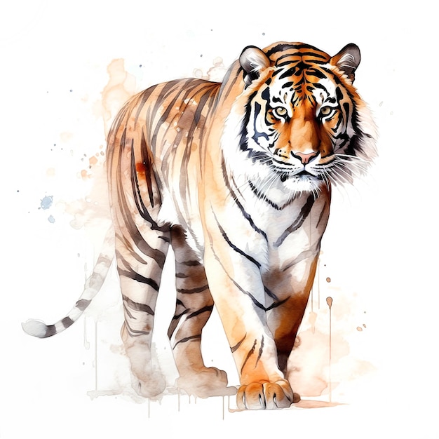 Akwarela przedstawiająca tygrysa z czarno-białą twarzą.