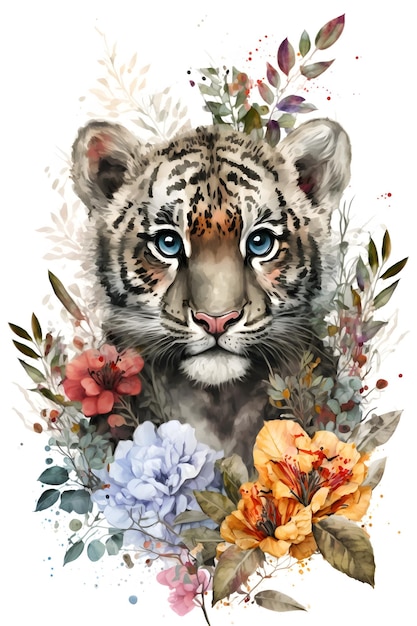 Akwarela przedstawiająca tygrysa z kwiatami
