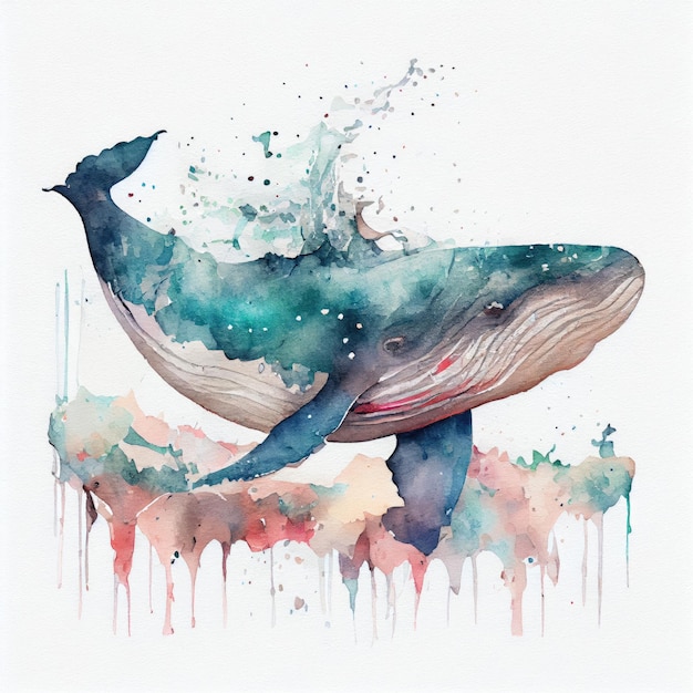 Akwarela przedstawiająca wieloryba z napisem wieloryb.