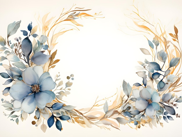 akwarela przedstawiająca wieniec z niebieskich kwiatów Streszczenie tło liści w kolorze szafirowym