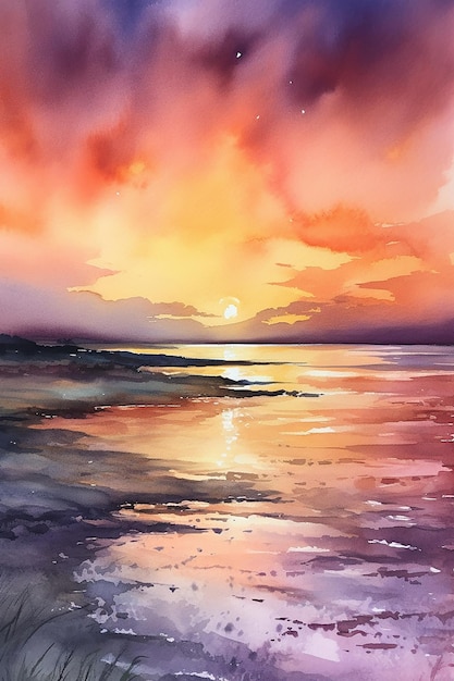 Akwarela przedstawiająca zachód słońca nad morzem