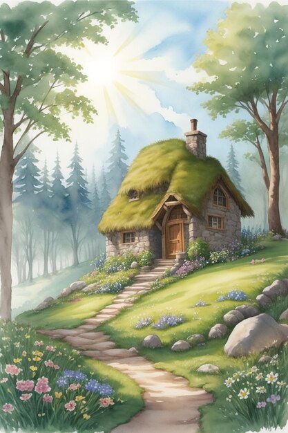 Akwarela przedstawiająca zaczarowany las z małym kamiennym domem