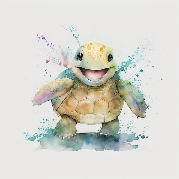 Akwarela przedstawiająca żółwia z uśmiechem na twarzy.