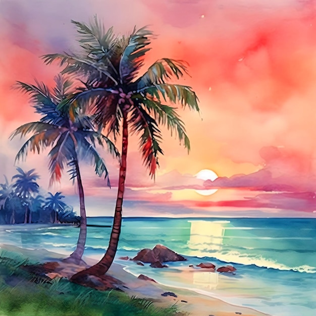 Akwarela przy plaży są drzewa kokosowe i zachód słońca
