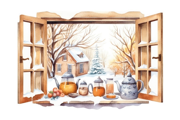 Zdjęcie akwarela przytulne okno kuchenne zimowe