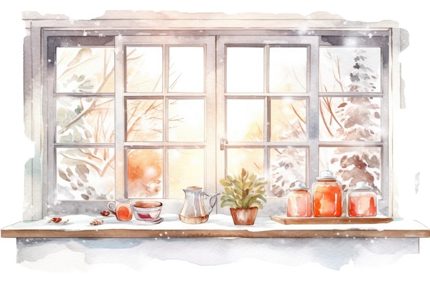 Akwarela przytulne okno kuchenne zimowe