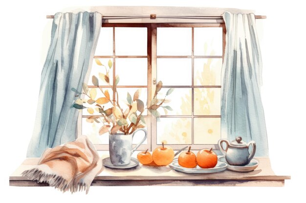 Akwarela przytulne okno kuchenne zimowe