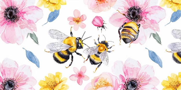 Akwarela Pszczoły i kwiaty Bezszwowy wzór