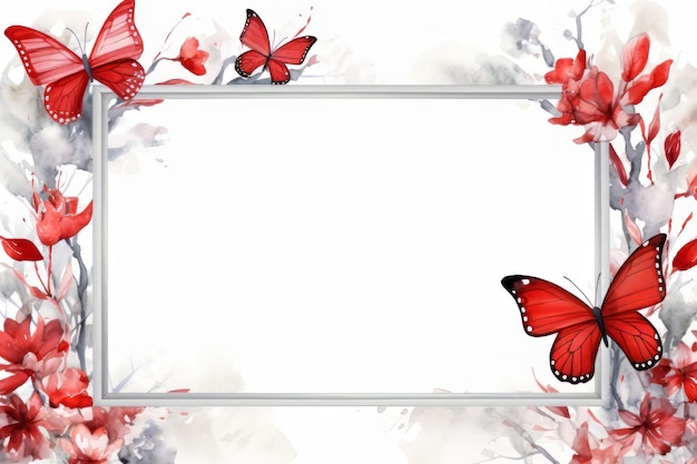 Zdjęcie akwarela pustej ramki z czerwonymi i białymi motylami