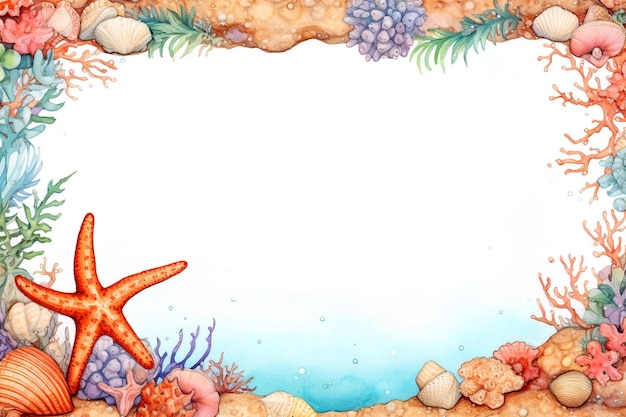 akwarela ramka podwodna elementy rafa koralowa ryby glony rozgwiazda z pustą przestrzenią na tekst
