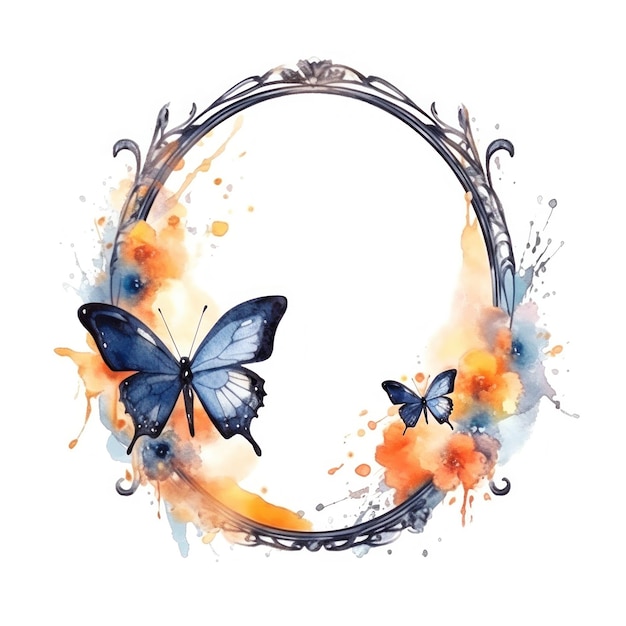 Akwarela ramka z motylem i kwiatami Ilustracja AI GenerativexA