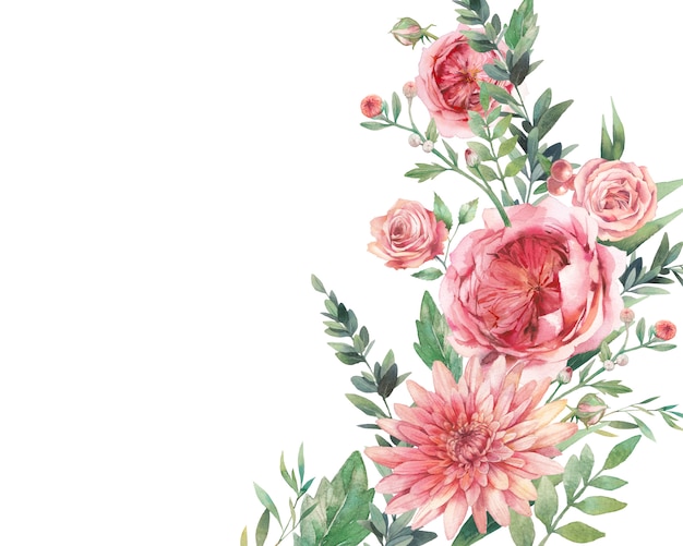 Akwarela Ręcznie Malowane Tło Z Kwiatowymi Elementami: Jagody, Stokrotka, Róże Kwiaty. Karta W Stylu Ogrodowym