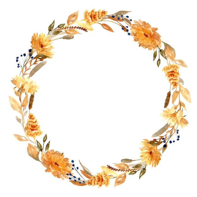 Akwarela ręcznie rysowana suszone kwiaty wieniec izolowany na białym tle Kwiatowa ramka z jesiennymi liśćmi i gałęziami Ilustracja botaniczna do kart powitalnych zaproszenia projektowanie artykułów papierniczych
